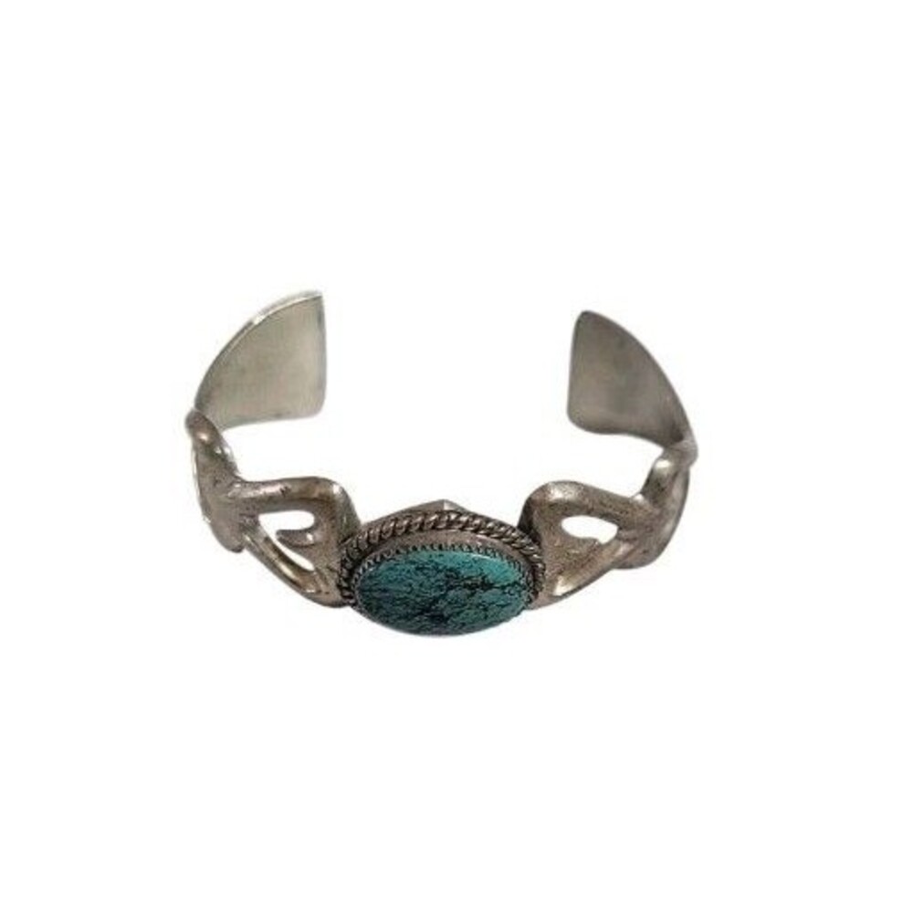 Vintage Najavo Sandcast Silver Turquoise Bracelet Signed WB, Wilson Begay